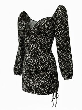 Lush Black Dress with Cream mini floral  Dot Print and Ruched Sides